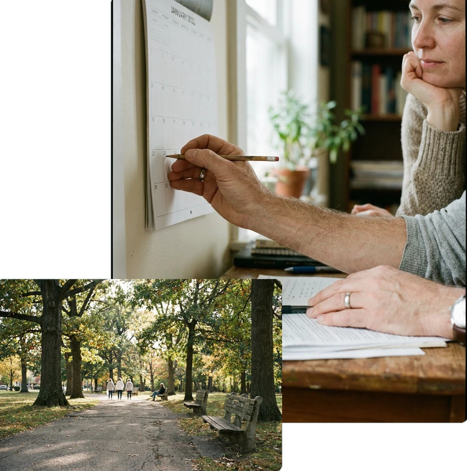 One person marking a calendar with a pencil as another watches