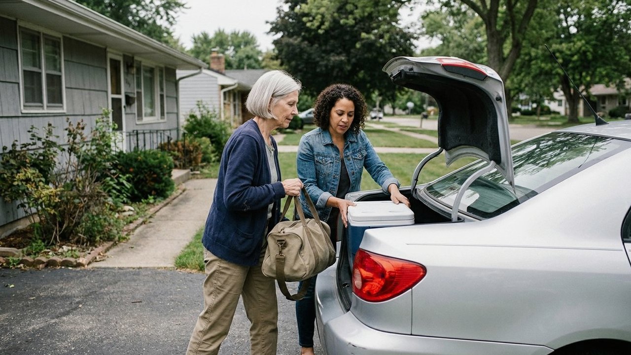 Older woman and adult daughter loading a car trunk in a driveway