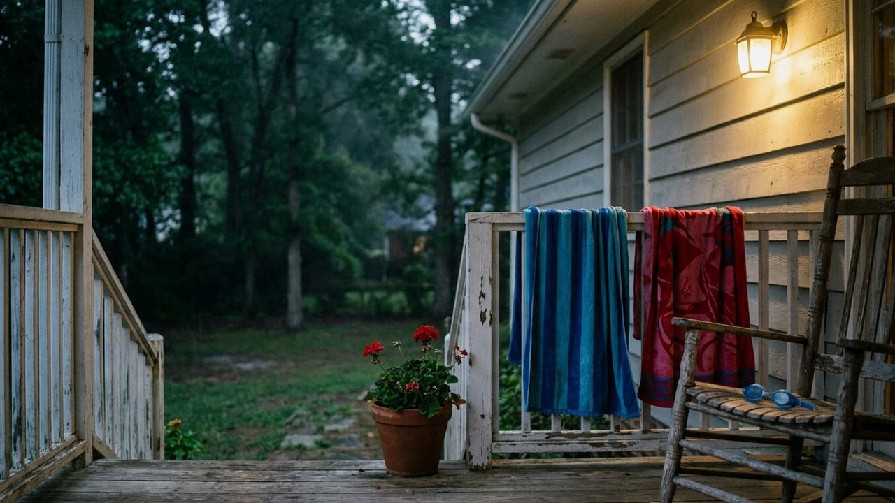 Empty back porch at dusk with swim towels on the railing
