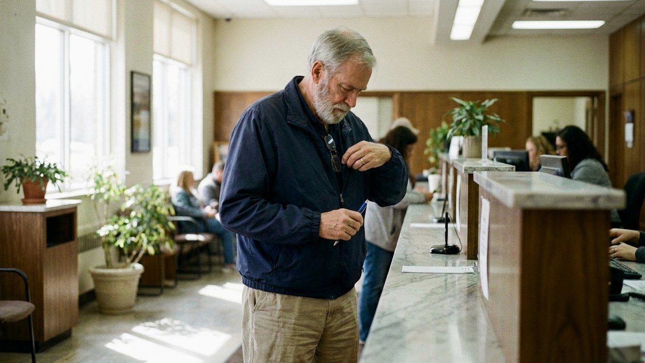 Gray-bearded older man at a bank lobby counter, seen from afar