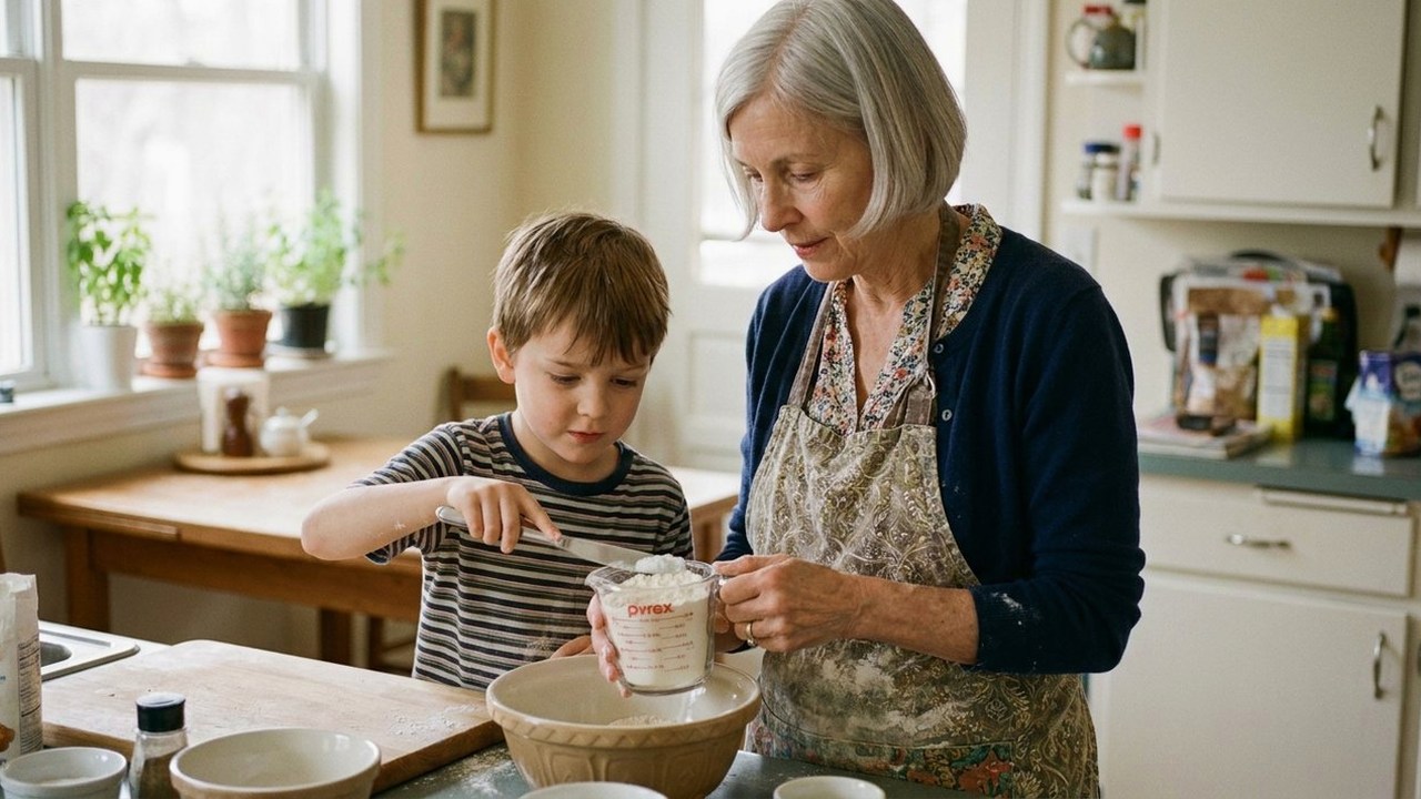 Grandmother and grandson leveling flour in a measuring cup in kitchen