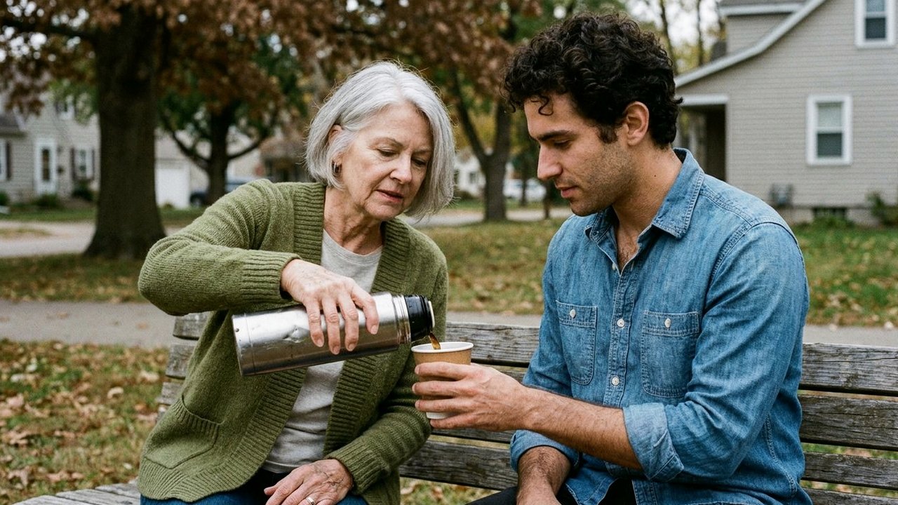 Retired woman pours thermos coffee for younger colleague on park bench