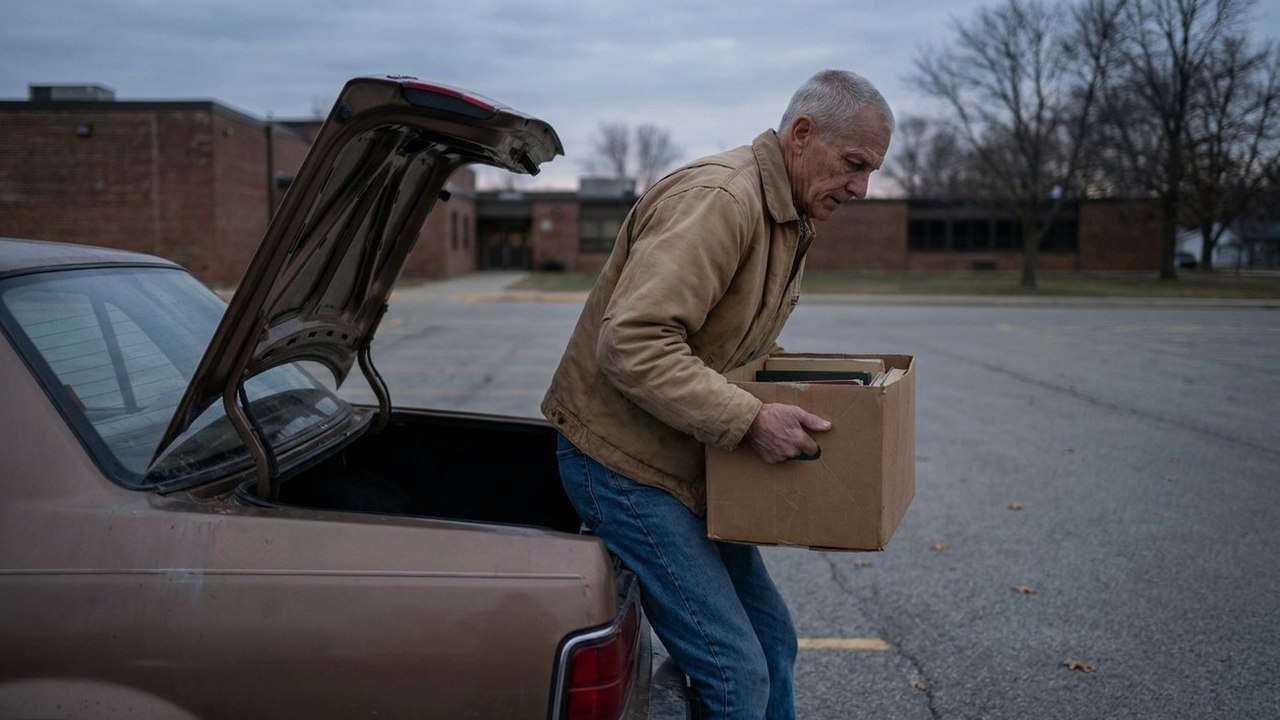 Older man loading boxed books into car trunk in school parking lot
