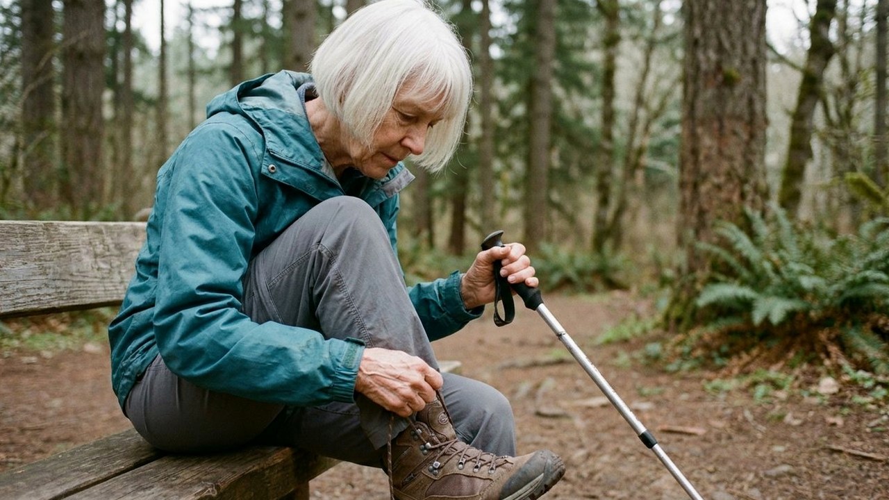 Woman in her late sixties lacing hiking boots at a trailhead