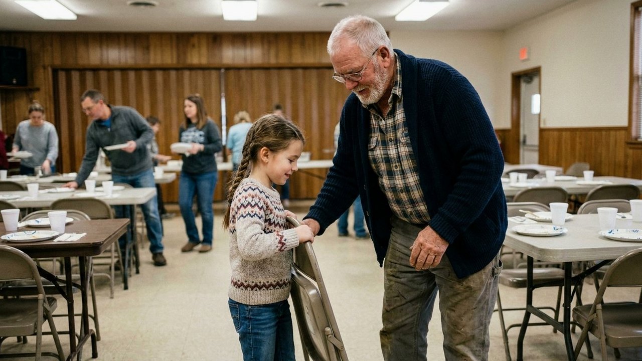 Grandfather and granddaughter stacking folding chairs in a church hall