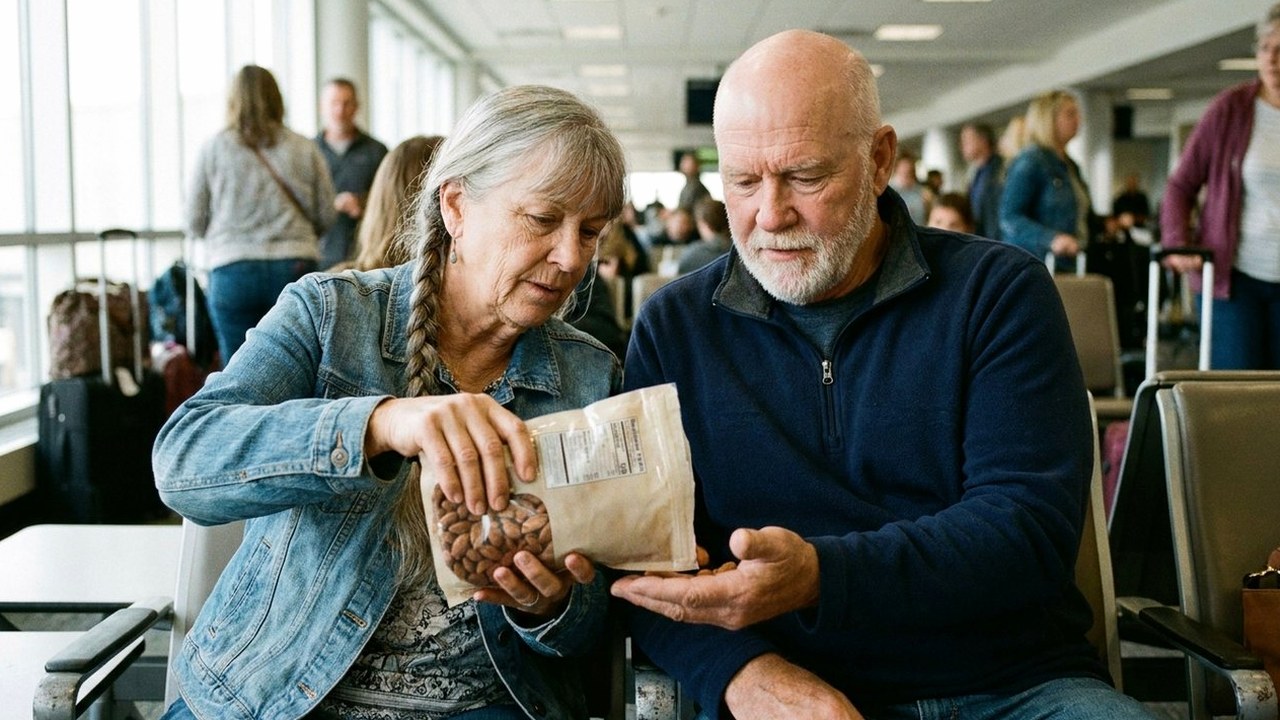 Older couple sharing almonds at an airport gate