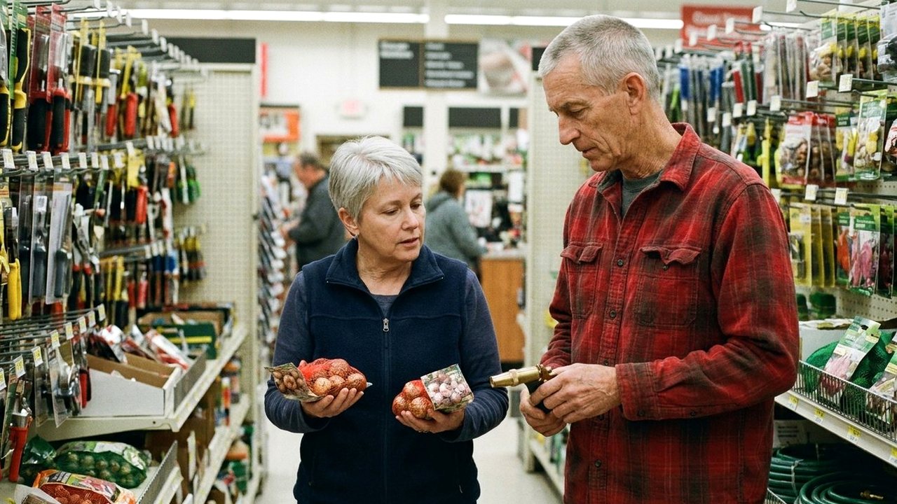 Two friends in their sixties comparing garden supplies in hardware aisle