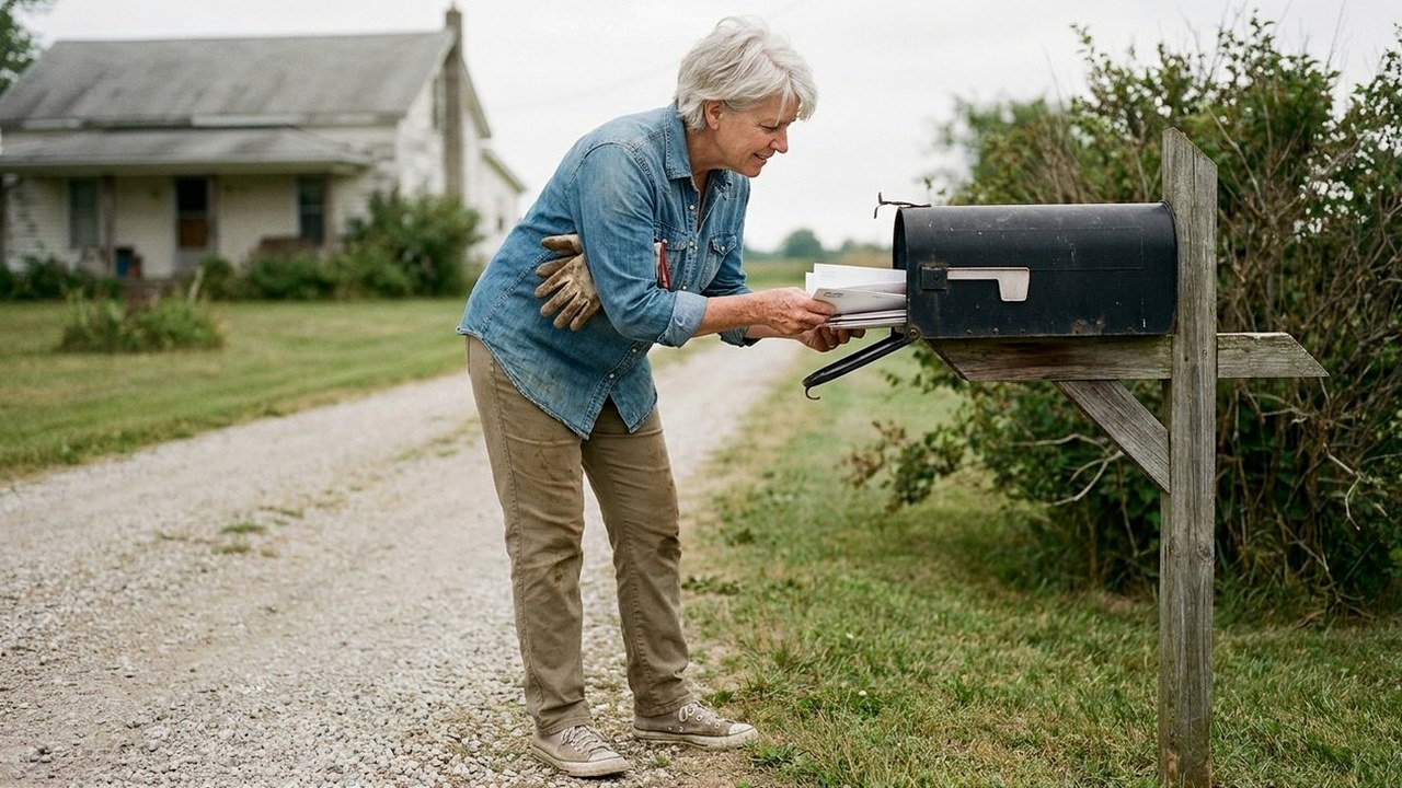 Silver-haired woman collecting mail from a mailbox at driveway's end